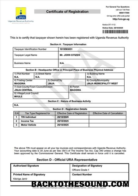 Λήψη Ουγκάντα Πιστοποιητικό of taxpayer εγγραφή Word and PDF Δείγμα προεπισκόπηση