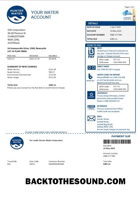 Scarica Australia Hunter Acqua Affari Bolletta Bolletta in Word and PDF Formato Campione anteprima