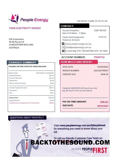 Scarica Australia People Energy Elettricità Affari Bolletta Bolletta in Word and PDF Formato Campione mockup