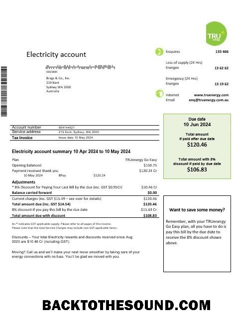 Scarica Australia Tru Energy Elettricità Affari Bolletta Bolletta in Word and PDF Formato Campione mockup