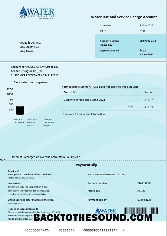 Scarica Australia Acqua Corporation WA Affari Bolletta Bolletta Word and PDF. doc Campione modello