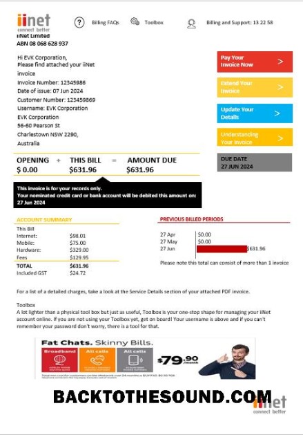 Scarica Australia iiNet Bolletta Bolletta in Word and PDF Formato Campione anteprima