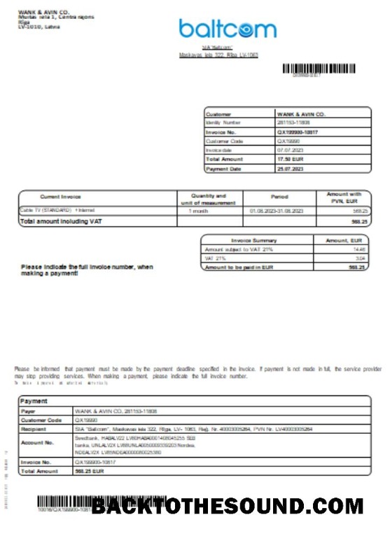 Scarica Baltcom telecommunications Bolletta Affari Bolletta, SCR Campione mockup