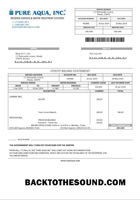 Scarica Bielorussia Pure Aqua Inc Affari Bolletta Bolletta Word and PDF Campione campione