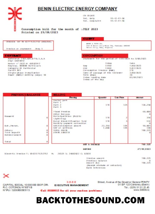 Scarica Benin Elettricità Distribution Azienda Plc. Bolletta Affari Bolletta SCR Campione design