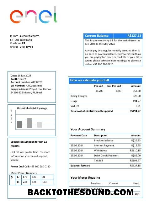 Scarica Brasile ENEL Elettricità Affari Bolletta Bolletta in Word and PDF Formato Campione modello