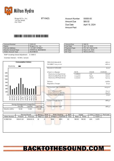 Scarica Canada Milton Hydro electricitybusiness Bolletta Bolletta Word and PDF Formati Campione mockup
