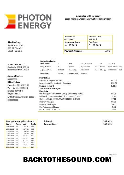 Scarica Repubblica Ceca Photon Energy Affari Bolletta Bolletta in Word and PDF Formati Campione mockup