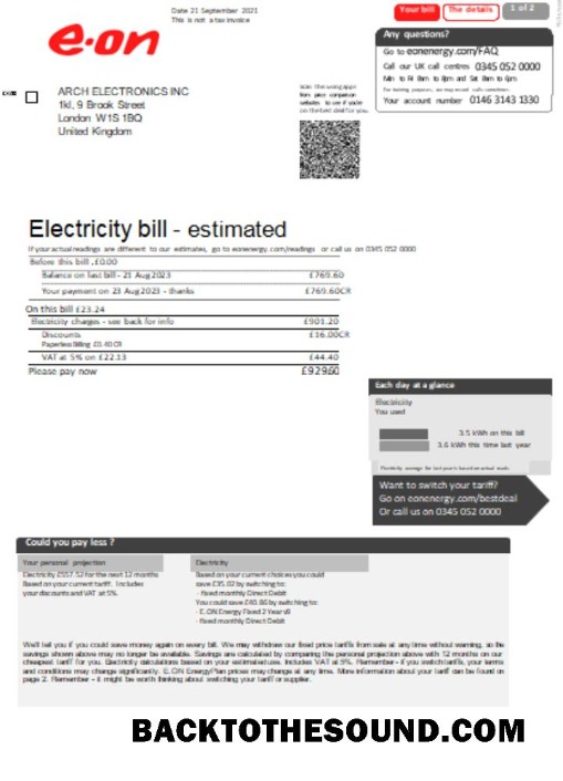 Scarica E.ON Regno Unito Elettricità Bolletta Affari Bolletta, Pagina 1 SCR Campione mockup