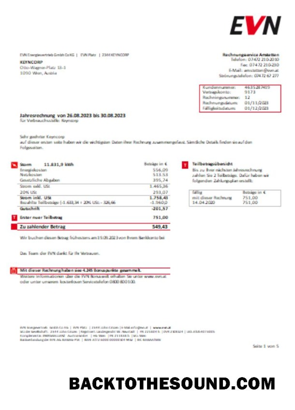 Scarica EVN Elettricità Bolletta Affari Bolletta, Pagina 1 SCR Campione anteprima