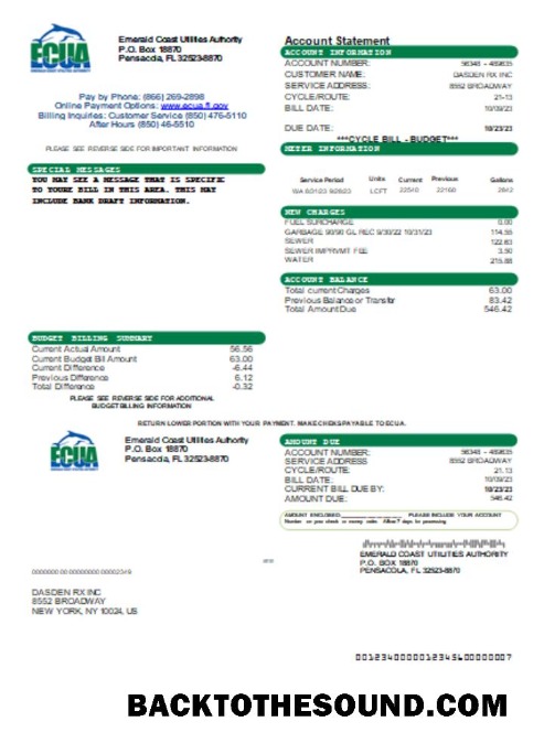 Scarica Emerald Coast Utilities Authority (ECUA) Bolletta Affari Bolletta, SCR Campione anteprima