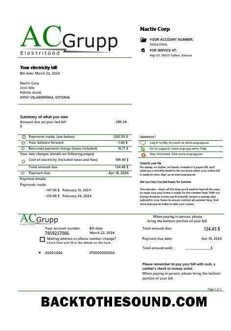 Scarica Estonia AC Grupp OÜ Elettricità Affari Bolletta Bolletta in Word and PDF Formati Campione modello
