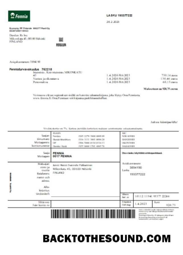 Scarica Fennia Assicurazione Azienda Affari Bolletta, SCR Campione mockup