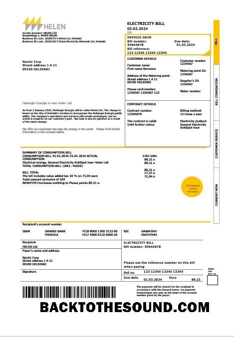 Scarica Finlandia HELEN Affari Bolletta Bolletta in Word and PDF Formati Campione campione