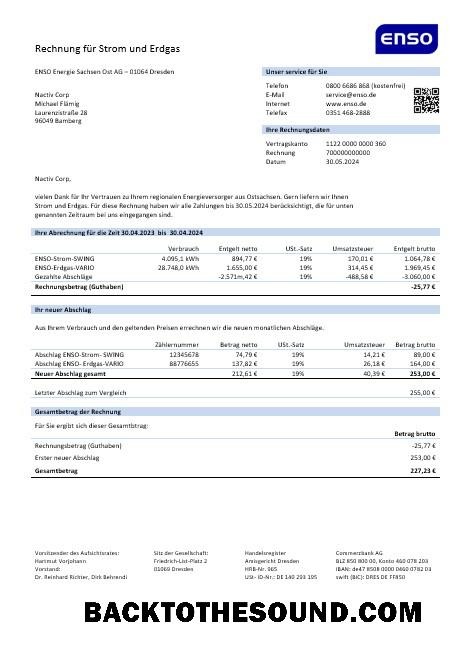 Scarica Germania ENSO rechnung für strom und erdgas Affari Bolletta Bolletta in Word and PDF formats1 Campione modello