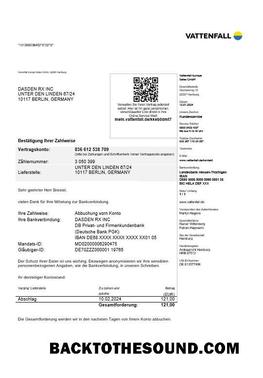 Scarica Germania VATTENFALL Affari Bolletta Bolletta in Word and PDF Formati Campione campione