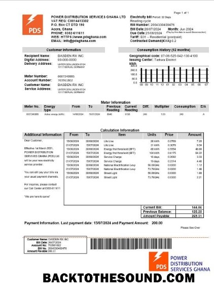 Scarica Ghana PDS Elettricità Affari Bolletta Bolletta in Word and PDF Formati Campione campione