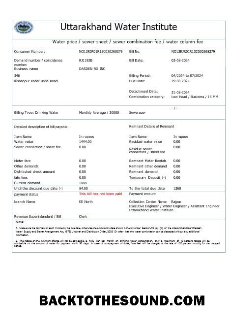 Scarica India UTTARAKHAND Acqua Affari Bolletta Bolletta Word and PDF Campione anteprima