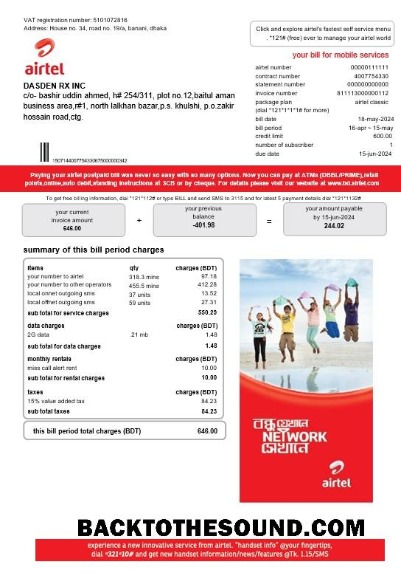 Scarica India Airtel telecommunication services Affari Bolletta Bolletta in Word and PDF Formati Campione design