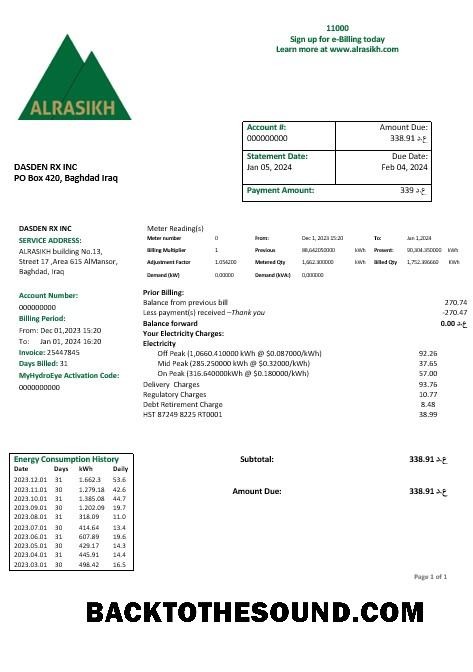 Scarica Iraq AlRasikh Elettricità Affari Bolletta Bolletta in Word and PDF Formato Campione design