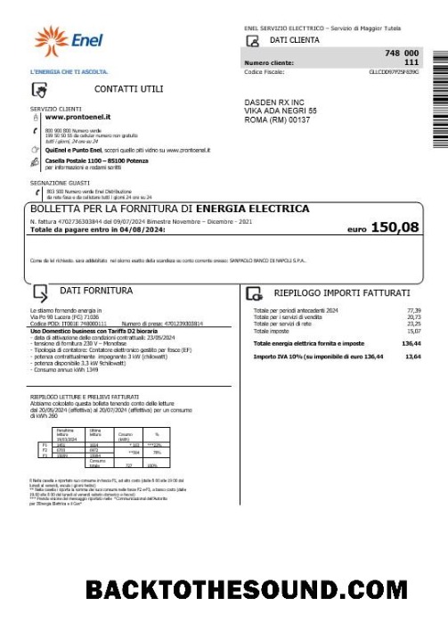 Scarica Italia Enel Elettricità Affari Bolletta Bolletta in Word and PDF Formati Campione modello