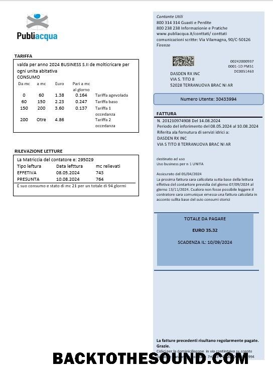 Scarica Italia Publiacqua Affari Bolletta Bolletta in Word and PDF Formato Campione design
