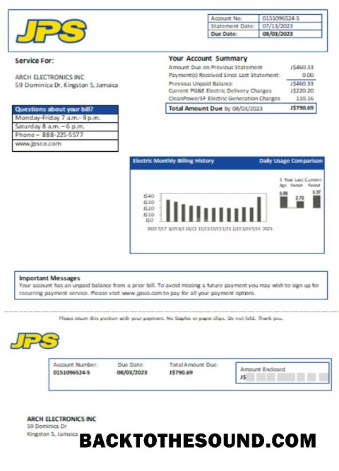 Scarica Giamaica Public Servizio Co Ltd (JPS) Elettricità Bolletta Affari Bolletta, SCR Campione design
