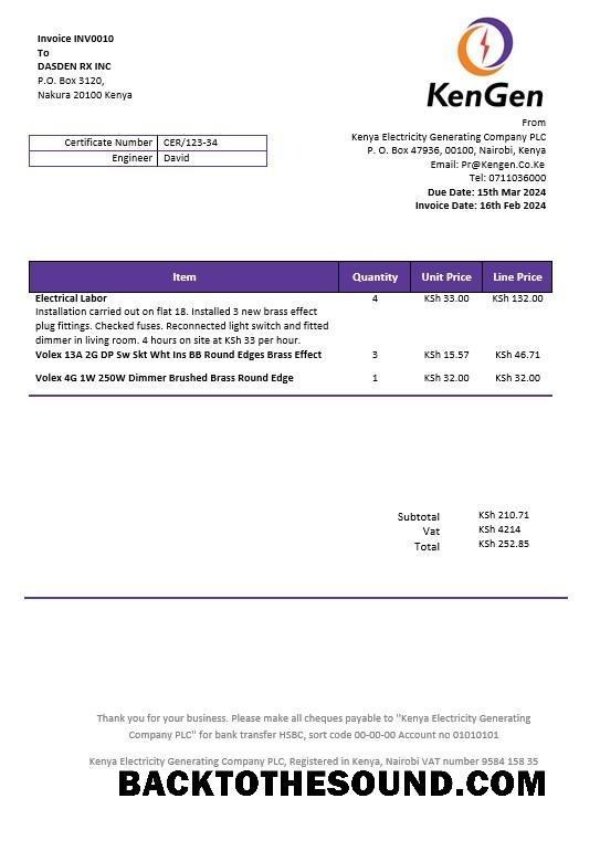 Scarica Kenya KenGen Elettricità Generating Azienda Affari Bolletta Bolletta in Word and PDF Formati Campione design