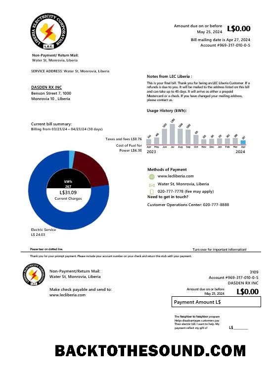 Scarica Liberia Elettricità Corporation Affari Bolletta Bolletta in Word and PDF Formati Campione anteprima
