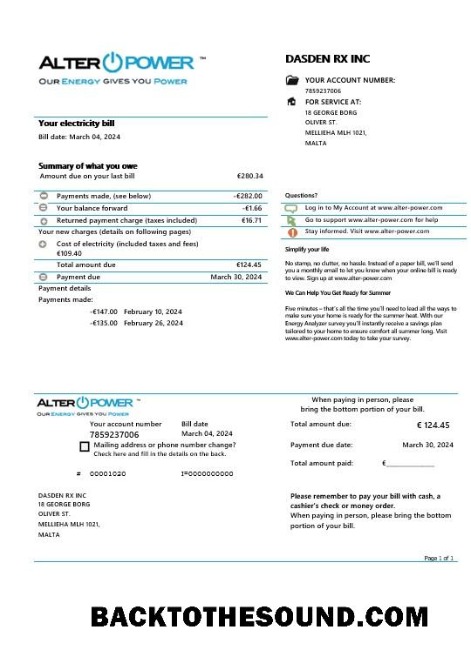 Scarica Malta AlterPower Malta proof of address Affari Bolletta Bolletta in Word and PDF Formati Campione campione