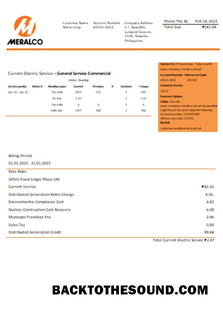 Scarica Manila Electric Azienda (Meralco) Elettricità Bolletta Affari Bolletta SCR Campione campione