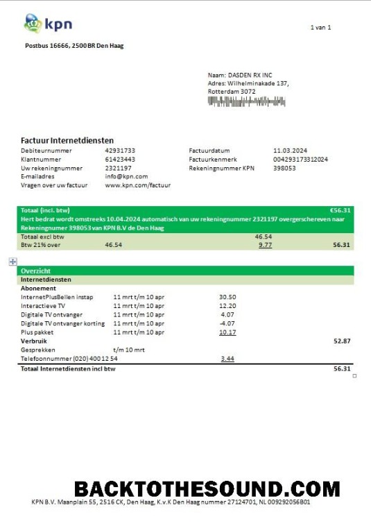 Scarica Paesi Bassi KPN Affari Bolletta Bolletta in Word and PDF Formato Campione modello
