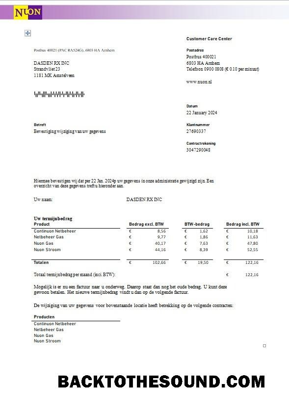 Scarica Paesi Bassi NUON Gas Affari Bolletta Bolletta in Word and PDF Formato in Dutch language Campione design