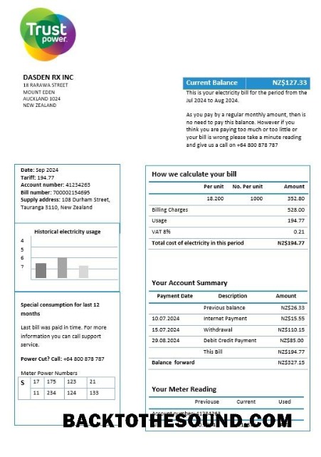 Scarica Nuova Zelanda Trustpower Affari Bolletta Bolletta in Word and PDF Formati Campione mockup
