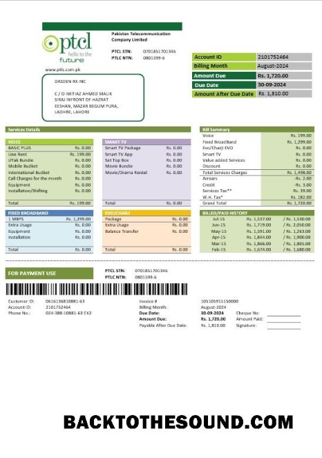 Scarica Pakistan PTCL Affari Bolletta Bolletta in Word and PDF Formati Campione anteprima