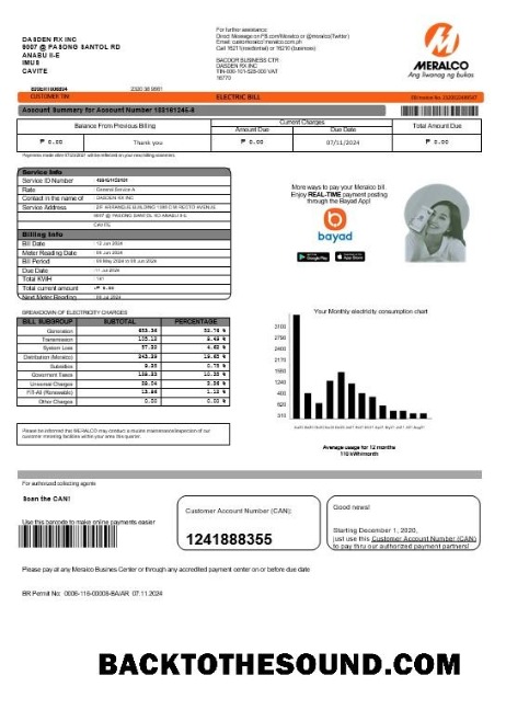 Scarica Filippine Meralco Elettricità Affari Bolletta Bolletta in Word and PDF Formati, Versione 2 Campione anteprima