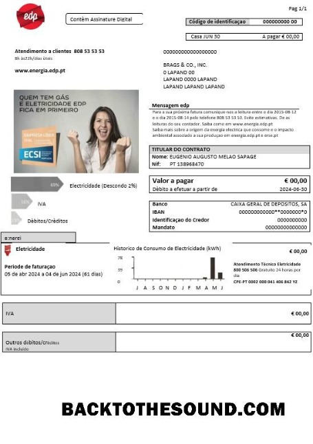 Scarica Portogallo EDP Elettricità Affari Bolletta Bolletta in Word and PDF Formati Campione modello