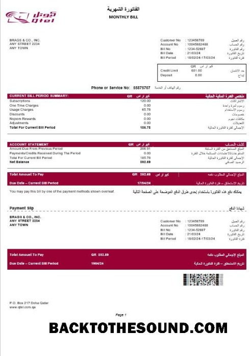 Scarica Qatar QTEL Affari Bolletta Bolletta Word and PDF Campione design