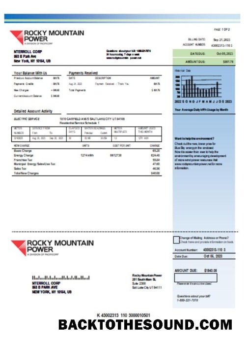 Scarica Rocky Mountain Power Elettricità Bolletta Affari Bolletta, SCR Campione mockup