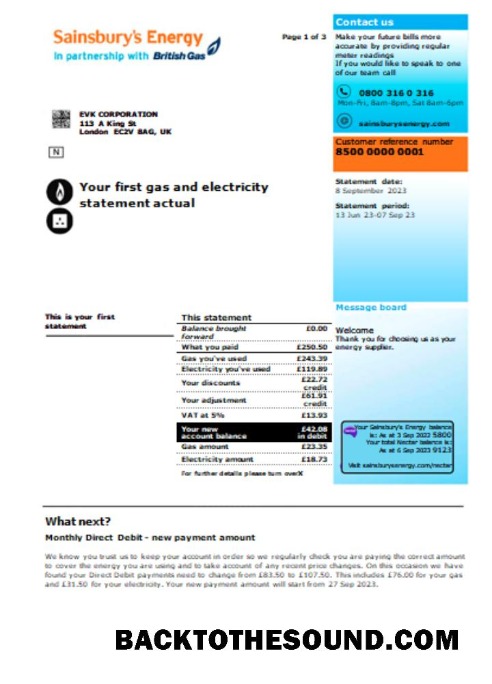 Scarica Sainsbury Energy (British Gas) Affari Bolletta Bolletta, Pagina 1, SCR Campione anteprima