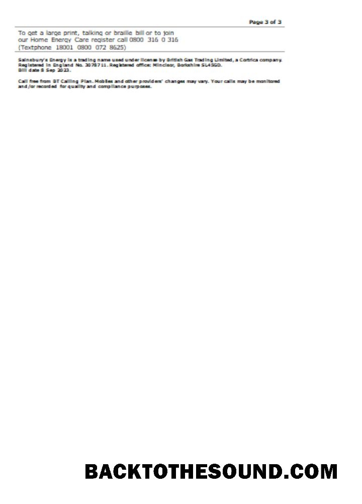 Scarica Sainsbury Energy (British Gas) Affari Bolletta Bolletta, Pagina 3. SCR Campione mockup
