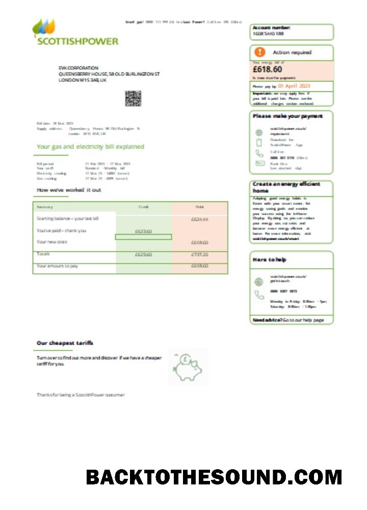 Scarica Scottish Power Regno Unito PLC Bolletta Affari Bolletta, SCR Campione mockup