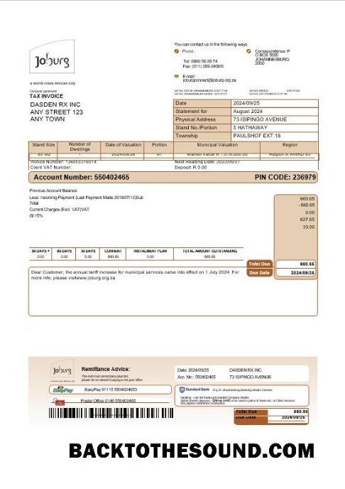 Modificabile Scarica Sudafrica Joburg Affari Bolletta Bolletta Word and PDF Modello pages Campione