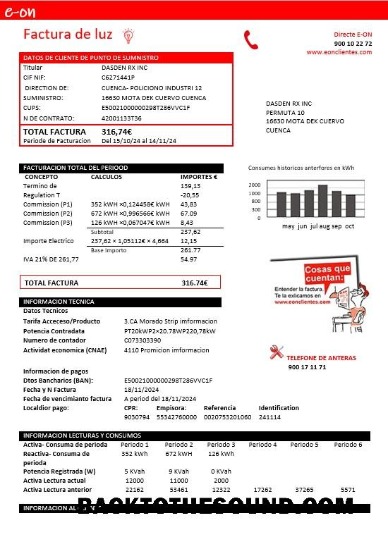 Scarica Spagna E.ON Elettricità Affari Bolletta Bolletta in Word and PDF Formati Campione design