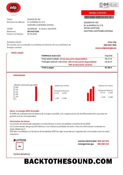 Scarica Spagna EDP Energia Affari Bolletta Bolletta in Word and PDF Formati Campione modello