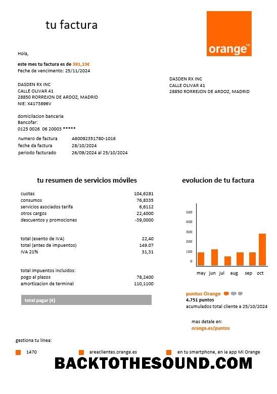 Scarica Spagna Orange easy fillable Affari Bolletta Bolletta in Word and PDF Formati Campione mockup