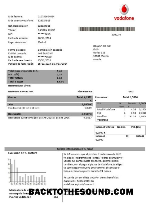 Scarica Spagna Vodafone telecommunications Affari Bolletta Bolletta in Word and PDF Formati Campione design