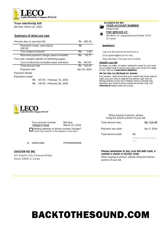 Scarica Sri Lanka LECO Azienda Elettricità Affari Bolletta Bolletta in Word and PDF Formati Campione anteprima