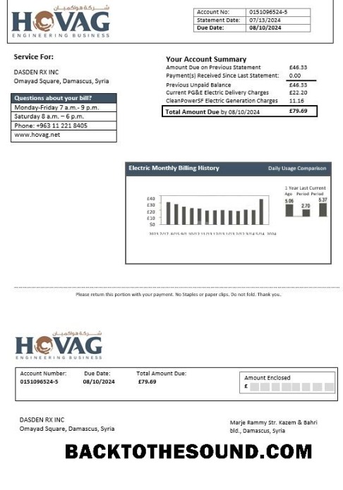 Scarica Siria HOVAG Azienda Elettricità Affari Bolletta Bolletta in Word and PDF Formati Campione campione