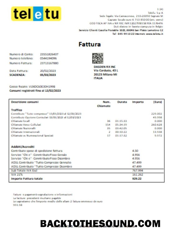 Scarica TeleTu S p A Bolletta Affari Bolletta, SCR Campione mockup